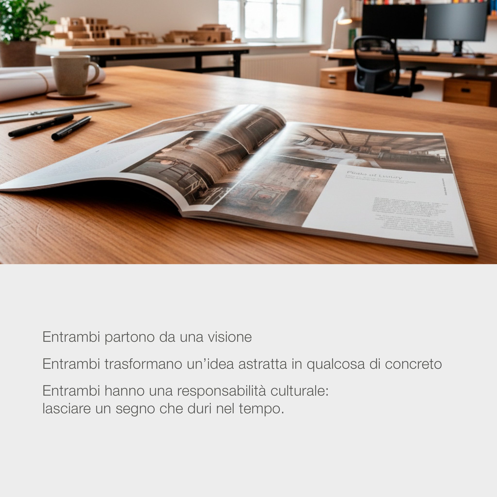 Editoria e design hanno più cose in comune di quanto sembri.
Entrambi partono da una visione.
Entrambi trasformano un’idea astratta in qualcosa di concreto.
Entrambi hanno una responsabilità culturale: lasciare un segno che duri nel tempo.
Con Atelier Magazine raccontiamo il progetto non come risultato finale, ma come percorso fatto di scelte, dubbi e direzione.
Quale fase del processo creativo senti più tua?
.
.
.
.
.
#ateliermagazine
#architettura
#interiordesignitalia
#culturadelprogetto
#progettoarchitettonico
#designitaliano
#architetturacontemporanea
#interiorproject
#studiarchitettura
#designeritaliani
#materialidesign
#progettazione
#architetturaeddesign
#progettirealizzati
#culturadeldesign
#rivistadiarchitettura
#designprofessionale
#progettare
#architetturaoggi
#interiordesignproject