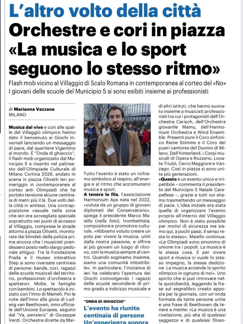 A conclusione di un bellissimo evento in cui la musica ha invaso Piazza Olivetti a Milano, ringraziamo tutti coloro che ci hanno aiutato ad organizzarlo🎶
Grazie al numeroso e caloroso pubblico
Grazie a chi ha suonato con noi
Grazie a chi ci ha permesso di essere lì
Grazie a chi ha seguito l’organizzazione
Grazie a che ha creato contenuti multimediali di grande livello
Ma soprattutto grazie ai ragazzi che con grinta e passione si sono uniti a noi rendendolo possibile
@milanocortina2026 @municipio5_milano @quartieresymbiosis @stefano_videomaking @officialstardustcompany @corosinfonicoreinestimme @cmccerro @santacecilialocatevaresino @corpomusicalediopera @corpomusicaledirozzano @ic.arcadia @orchestra_carisch_milano @mamu_magazzino_musica @orchestragiovanilemilano.5