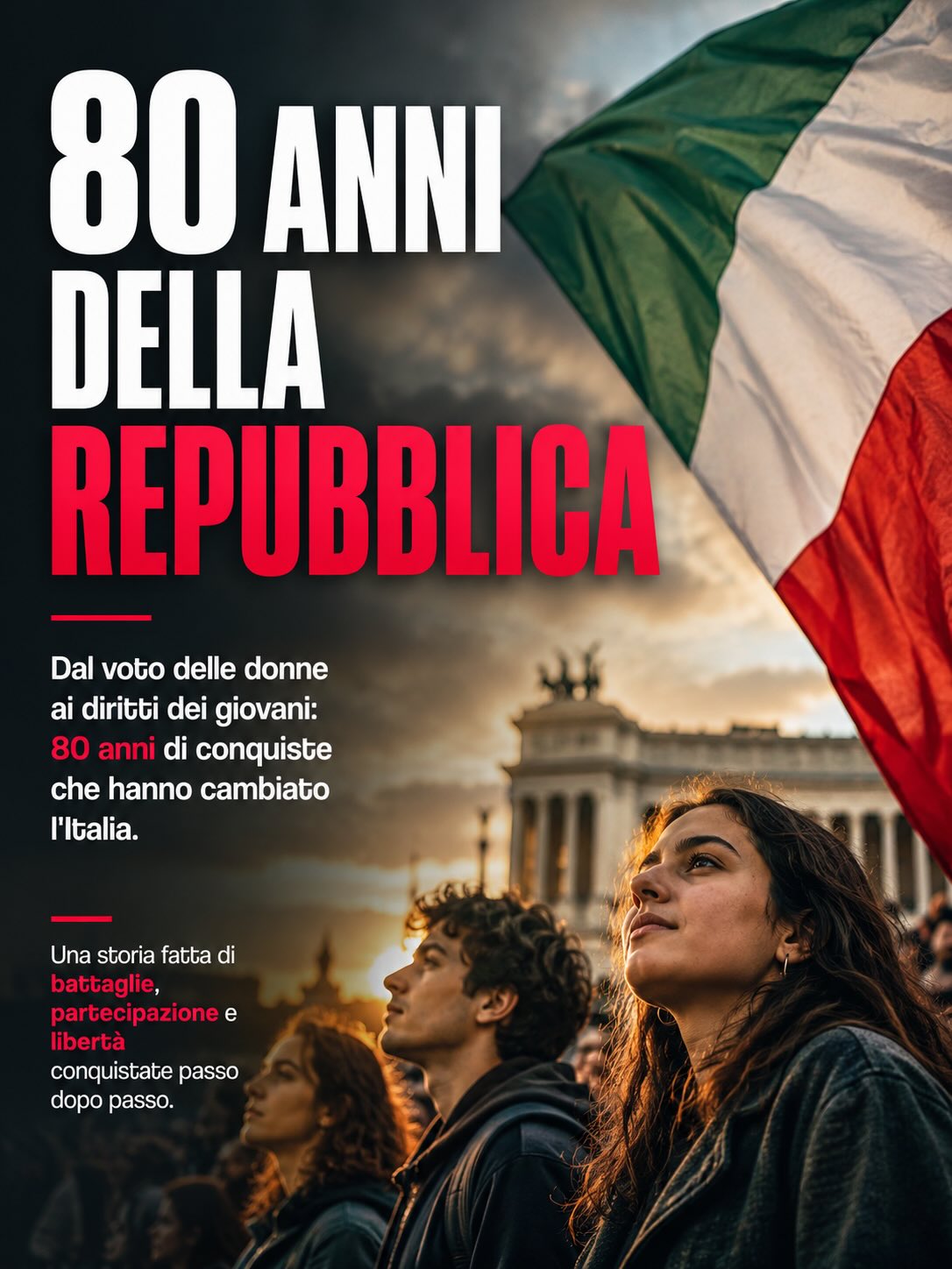 🇮🇹 Oggi la Repubblica Italiana compie 80 anni.
Dal referendum del 2 giugno 1946 alla conquista di nuovi diritti civili e sociali, la storia della Repubblica è anche la storia delle battaglie portate avanti da donne e giovani per un Paese più libero, inclusivo e democratico.
In questi 80 anni sono cambiate le opportunità di studio, il ruolo delle donne nella società, il mondo del lavoro e le libertà personali. Ma molte sfide restano aperte: parità di genere, precarietà, accesso alla casa, futuro delle nuove generazioni.
La storia della Repubblica dimostra una cosa: i diritti non sono mai acquisiti per sempre. Vanno difesi, aggiornati e ampliati.
👉 Scorri il carosello per ripercorrere le tappe principali di questi 80 anni. Su Corriereuniv.it l’articolo completo, link in bio.
💬 Quale conquista della Repubblica ritieni più importante?
#2giugno #FestadellaRepubblica #RepubblicaItaliana #80AnnidellaRepubblica #Costituzione Diritti Giovani Donne Italia CorriereUniv Università Studenti 🇮🇹 Oggi la Repubblica Italiana compie 80 anni.
Dal referendum del 2 giugno 1946 alla conquista di nuovi diritti civili e sociali, la storia della Repubblica è anche la storia delle battaglie portate avanti da donne e giovani per un Paese più libero, inclusivo e democratico.
In questi 80 anni sono cambiate le opportunità di studio, il ruolo delle donne nella società, il mondo del lavoro e le libertà personali. Ma molte sfide restano aperte: parità di genere, precarietà, accesso alla casa, futuro delle nuove generazioni.
La storia della Repubblica dimostra una cosa: i diritti non sono mai acquisiti per sempre. Vanno difesi, aggiornati e ampliati.
👉 Scorri il carosello per ripercorrere le tappe principali di questi 80 anni. Su Corriereuniv.it l’articolo completo, link in bio.
💬 Quale conquista della Repubblica ritieni più importante?
#2giugno #FestadellaRepubblica #RepubblicaItaliana #80AnnidellaRepubblica #Costituzione Diritti Giovani Donne Italia CorriereUniv Università Studenti
