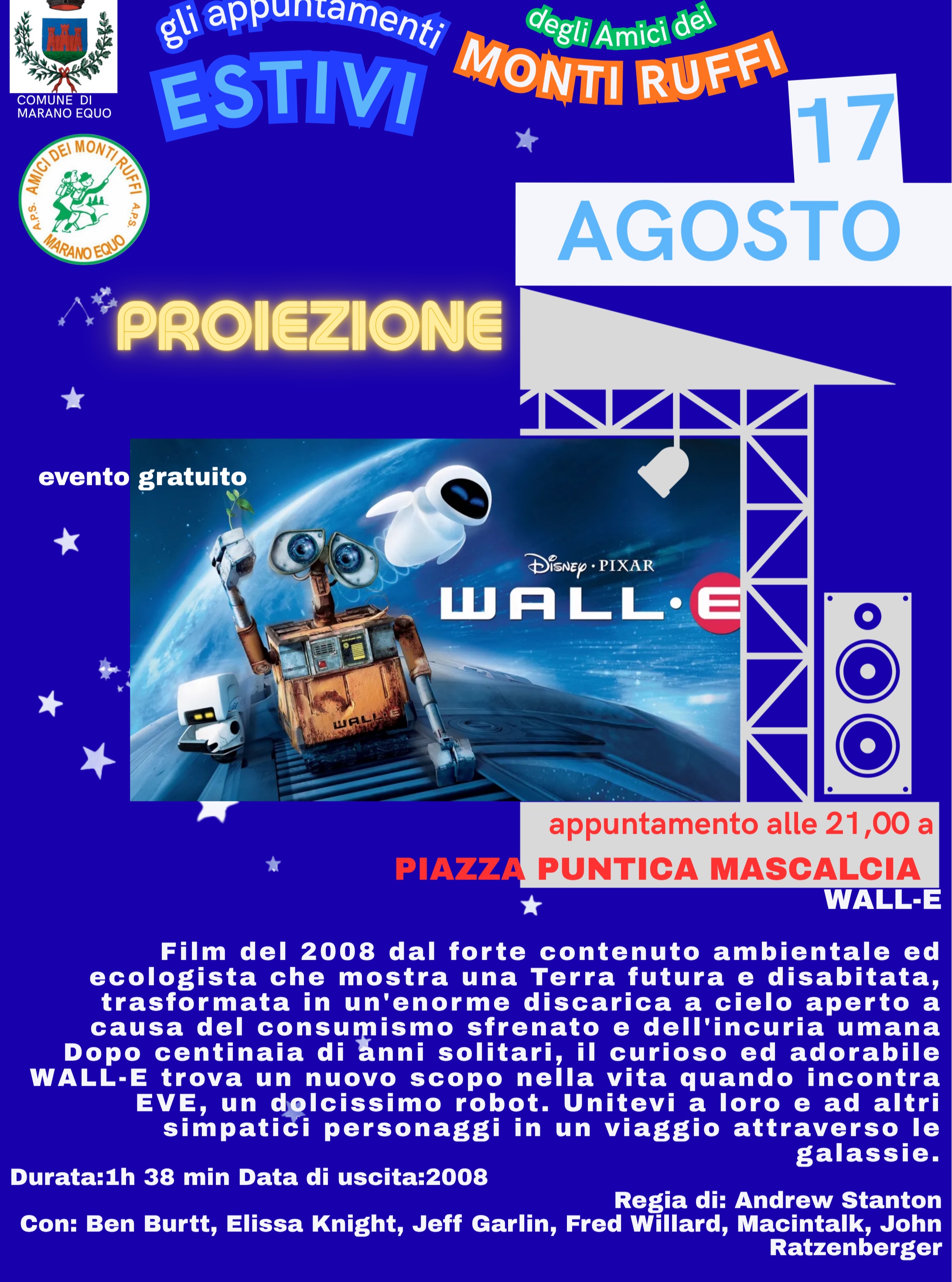 Nell'ambito della programmazione estiva del @comitatomaranoequo_ alcuni appuntamenti di nostra proposta
- 2 agosto "Marano Equo a rimirar le stelle" passeggiata dedicata ai piu piccoli e ragazzi accompagnati dai genitori, incontro con il telescopio di Fabio Piferi e sosta gelato al Ristoro Acque Minerali, dedicato ai piu piccoli;
- 17 agosto proiezione WALL.E - Disney Pixar
- 21 agosto proiezione BEFORE THE FLOOD-PUNTO DI NON RITORNO
e tante altre attività.