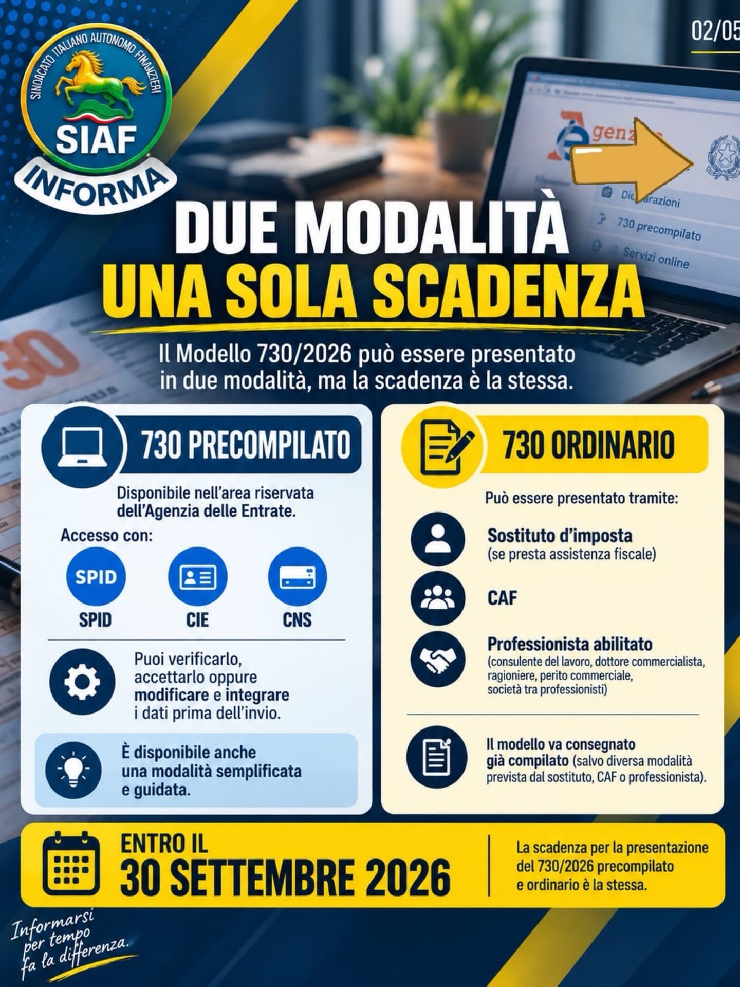 🚨 730: ULTIMI GIORNI! Il 30 settembre è la scadenza da ricordare. 📅 Se devi ancora presentare il modello 730/2026, non aspettare gli ultimi giorni: il 30 settembre 2026 è il termine ultimo per la presentazione del 730 precompilato tramite l’Agenzia delle Entrate. (Info Precompilata) 💶 Detrazioni, deduzioni, spese sanitarie, familiari a carico e rimborsi IRPEF: prima dell’invio, controlla attentamente che i dati della tua dichiarazione siano corretti e completi. 👉 Scorri il carosello: abbiamo raccolto le informazioni essenziali sulla scadenza del 730 e cosa ricordare prima dell’invio. 📌 Salva questo post per non dimenticare la data e condividilo con chi deve ancora presentare il 730. 🔎 Per procedure, requisiti e informazioni aggiornate, fai sempre riferimento ai canali ufficiali dell’Agenzia delle Entrate. #7302026 #730 #modello730 #730precompilato #scadenza730 30settembre dichiarazioneDeiRedditi dichiarazione730 irpef detrazioni detrazioniFiscali rimborsoIRPEF agenziadelleentrate fisco tasse lavoratori pensionati informazione scadenze SIAF