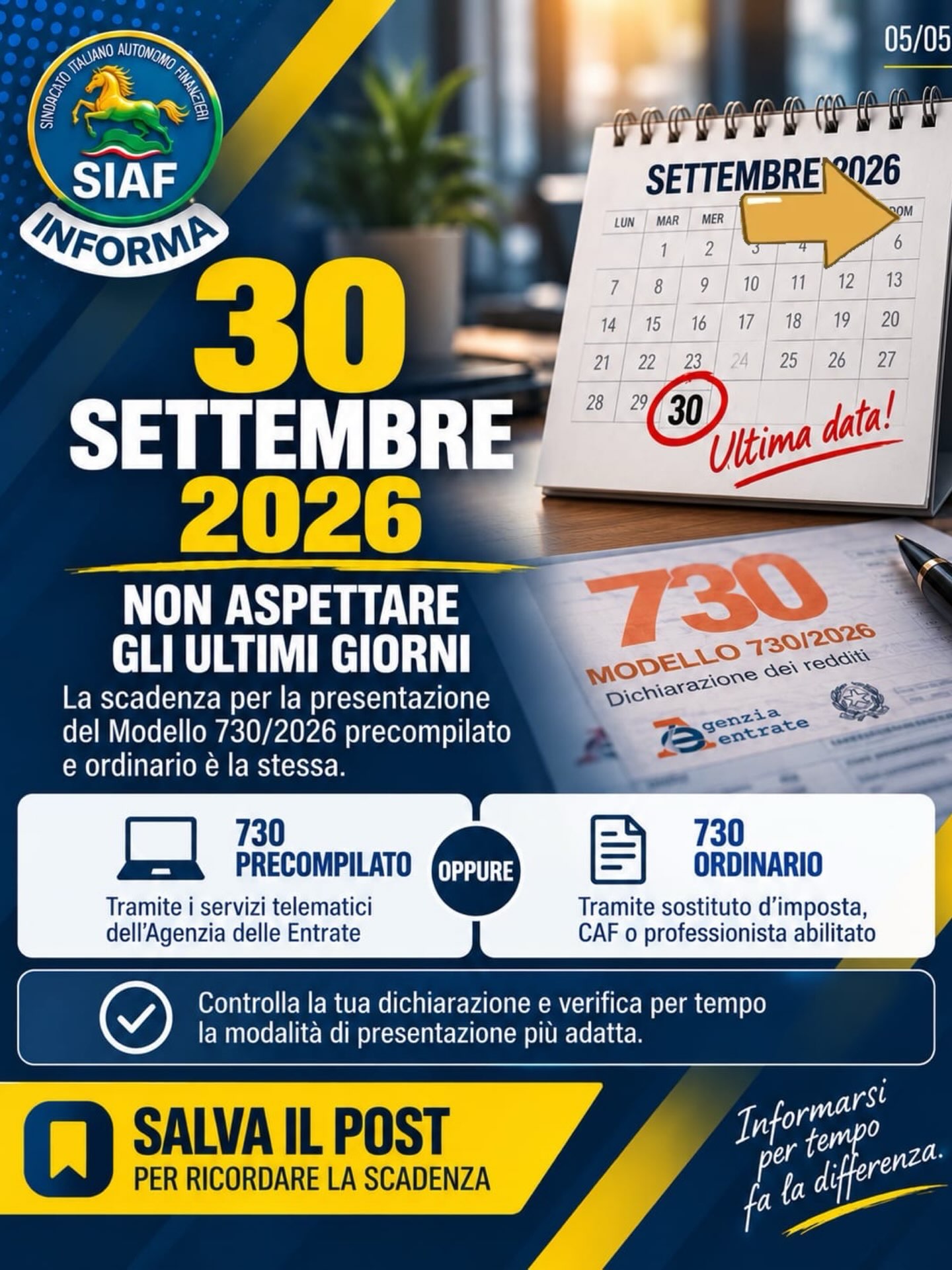 🚨 730: ULTIMI GIORNI! Il 30 settembre è la scadenza da ricordare. 📅 Se devi ancora presentare il modello 730/2026, non aspettare gli ultimi giorni: il 30 settembre 2026 è il termine ultimo per la presentazione del 730 precompilato tramite l’Agenzia delle Entrate. (Info Precompilata) 💶 Detrazioni, deduzioni, spese sanitarie, familiari a carico e rimborsi IRPEF: prima dell’invio, controlla attentamente che i dati della tua dichiarazione siano corretti e completi. 👉 Scorri il carosello: abbiamo raccolto le informazioni essenziali sulla scadenza del 730 e cosa ricordare prima dell’invio. 📌 Salva questo post per non dimenticare la data e condividilo con chi deve ancora presentare il 730. 🔎 Per procedure, requisiti e informazioni aggiornate, fai sempre riferimento ai canali ufficiali dell’Agenzia delle Entrate. #7302026 #730 #modello730 #730precompilato #scadenza730 30settembre dichiarazioneDeiRedditi dichiarazione730 irpef detrazioni detrazioniFiscali rimborsoIRPEF agenziadelleentrate fisco tasse lavoratori pensionati informazione scadenze SIAF